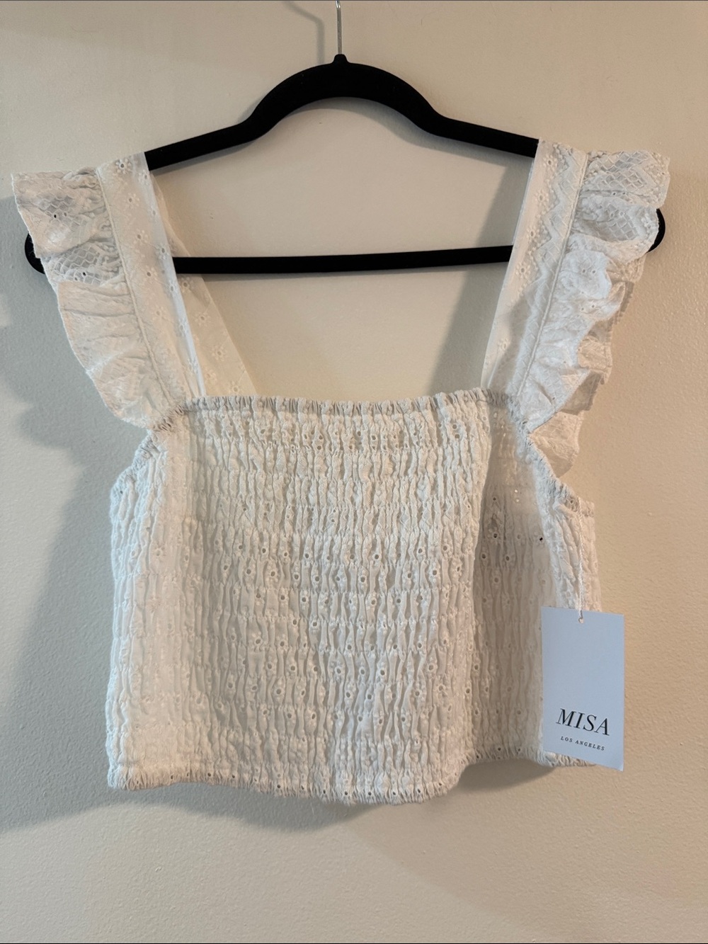Misa Los Angeles White Eyelet Smocked Ruffle Strap Crop Top